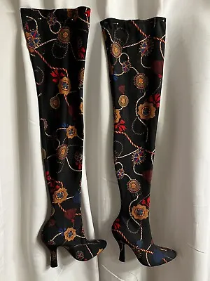 Zara Woman Thigh High Heel Chain Printed Fabric Boots • $60
