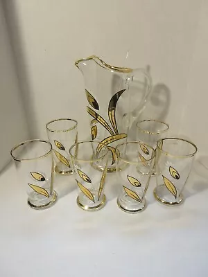 Vintage Mid Century Cocktail Pitcher Set 6 Tom Collins Glasses & Glass Stirrer • $40