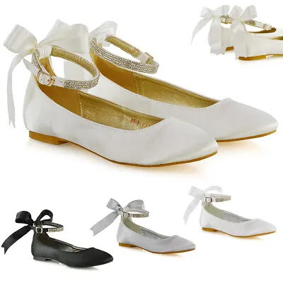 £22.99 • Buy Womens Flat Bridal Shoes Bow Diamante Ankle Strap Ladies Satin Ballet Pumps 3-9