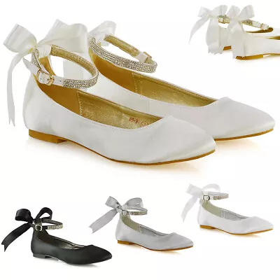 £22.99 • Buy Womens Flat Bridal Shoes Bow Diamante Ankle Strap Ladies Satin Ballet Pumps 3-9