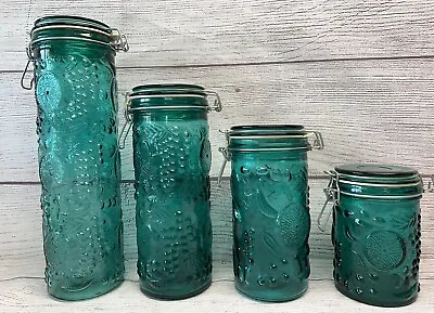 Vintage Teal Green Glass Jars Canister Lids Set Kitchen Set Of 4 Fruit Mcm • $79.99