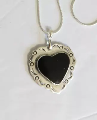 VTG Taxco Mexico Sterling Silver Large 1.25  Black Onyx Heart Pendant Necklace • $39.89