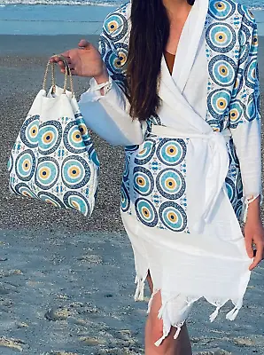 Turkish Bathrobe Set - Cotton Bamboo Robe & Tote Beach Robe Spa Set Size XL • $31.50