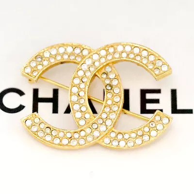 CHANEL CC Logo Rhinestone Brooch Gold Tone Pin Auth W/Box P1111-2 • $485