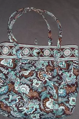 VERA BRADLEY Large TOGGLE Tote ~ $80 JAVA BLUE Brown Aqua Botanical Florals +Ex • $19.95