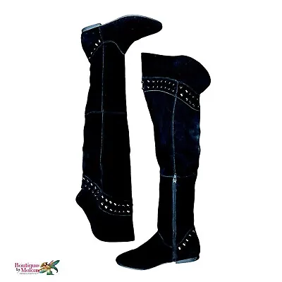 Mia Highness Black Suede Flat Thigh High Studded Boots Size 8.5 Women • $24.15