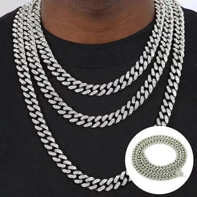 Cuban Link Chain 15MM Thick Iced Out Diamond Necklace Silver Stainless Steel UK • £7.99