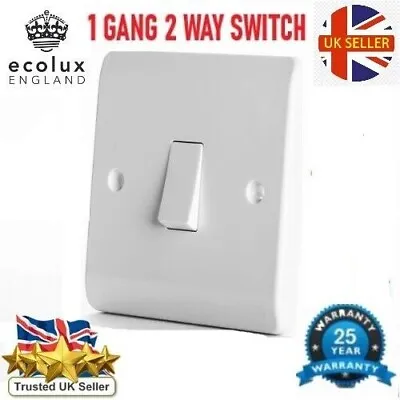 Light Switch 2 Way Single Gang 1 Gang 1G 10AX White Plastic With Fixing Screws • £3.29