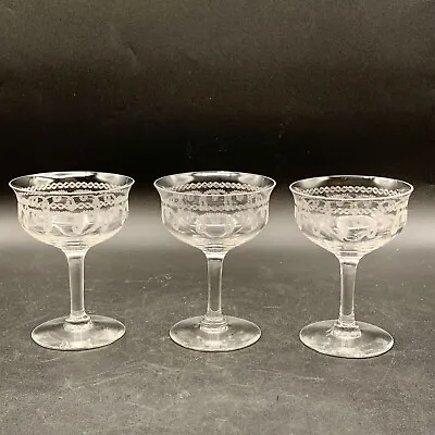 Morgantown ? Clear Etched Crystal Low Sherbet / Champagne Glasses Set Of 3 1940s • $23.95