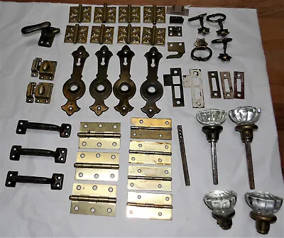 43 Pcs. Vintage Glass Crystal Door Knob Sets Brass Original Hardware Hinges Misc • $59.97