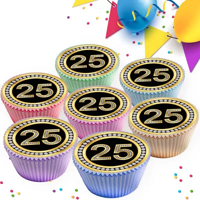 25th Birthday Age 25 Anniversary Black & Gold Edible Cupcake Toppers  Gd-25bk • £2.99