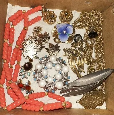 Vintage BOX OF JEWELRY UNIQUE SARAH COV MAPLE LEAF BROOCHES NECKLACES CLIP ONS • $25