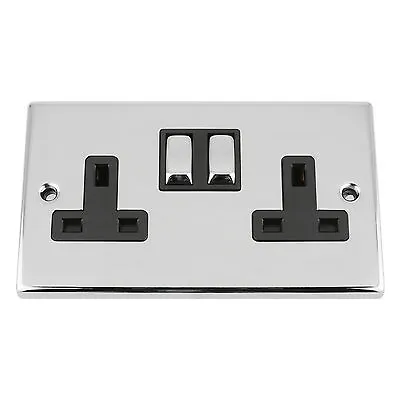 £9.99 • Buy 13 Amp Single Wall Socket 2 Gang In Polished Chrome Square Style Silver Effect