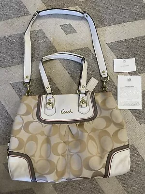 Coach Signature Canvas Leather Nude White Colour Gold Size Shoulder Handbag • $149.90