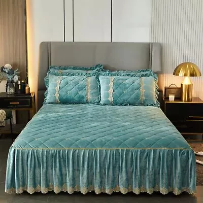 1Pcs Luxury Solid Color Lace Soft Coral Fleece Quilted Bedspread Bed Skirt • £122.99