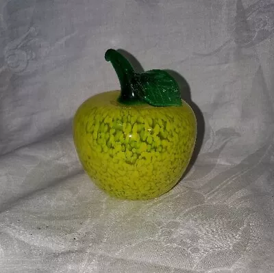 Hand Blown Yellow Splatter Glass Apple Paper Weight Green Glass Stem Murano Styl • $7.38