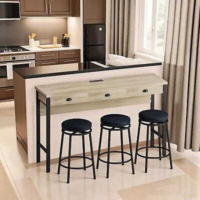 3-Drawer Power Outlets Long Dining Table & Circular PU Stools Set Bar Table Set • $267.84