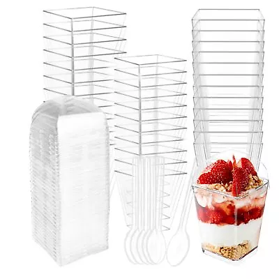 50 Count 5OZ Dessert Cups With Lids And Spoons Square Plastic Dessert Cups Cl... • $26.70