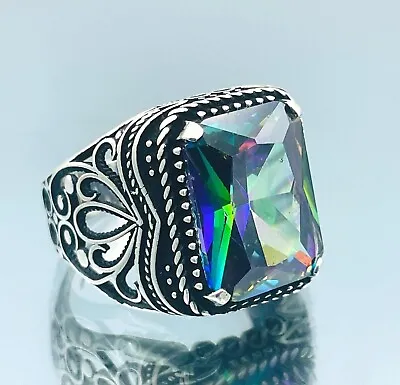 Men's Mystic Topaz Colorful Stone 925 Sterling Silver Ring Turkish Handmade Gift • $52