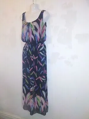 Cotton Club Sleeveless Feather Print Long Maxi Black Mix Dress Size 10 • £14.99