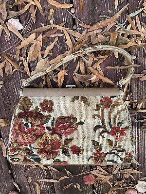 Vintage 60's Handbag Purse Floral  Needlepoint Carpet Bag Mid Century Classic  • $29