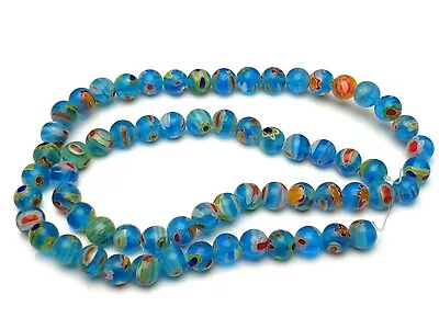 1 Strand 37cm Blue Millefiori Flowers Glass Beads Round Ball Lampwork 6mm • £3.35