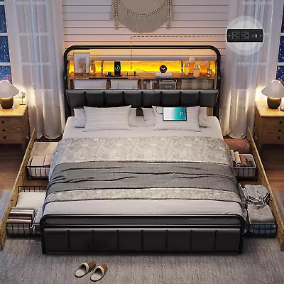 Queen Bed Frame With Storage Headboard & Hidden Space LED Platform Bed Frame Wi • $384.85