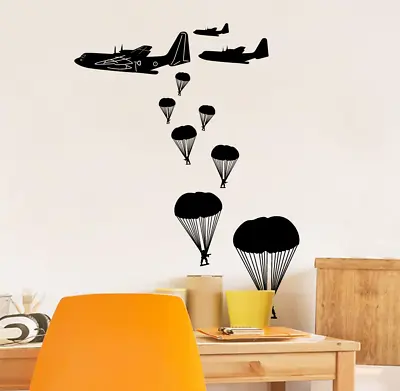 Kids Bedroom Art Military Army Cargo Planes Paratroopers Vinyl Wall Decal 20x25 • $19.99