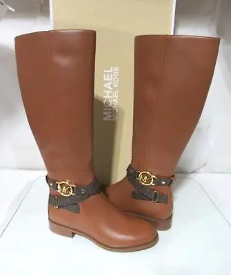 Michael Kors Rory Knee High Riding Boots MK Logo Embossed Strap  Luggage Size 7 • $225
