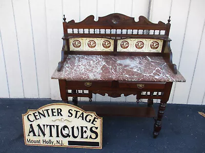 64037  Antique Victorian Marble Top Tile Back Washstand Chest Dresser • $575