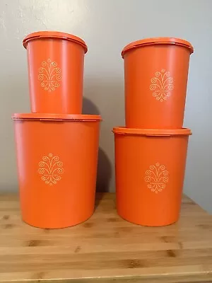 Vintage TUPPERWARE 4 Orange Retro Servalier Lid Canister Stacking Set 8 P Damage • $25