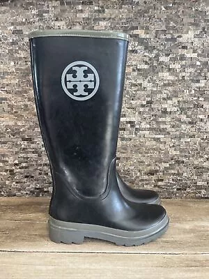 Tory Burch Tall Logo Black & Gray Rubber Rain Boots Size 6 • $48.99