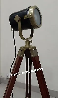 $231 • Buy Nautical Floor Lamp  Antique Searchlight W/ Wooden Tripod Brown Stand Home Decor