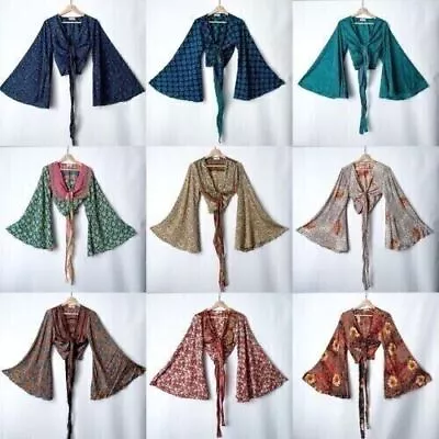 Wholesale 5 Pc Indian Vintage Silk Sari Bell Sleeve Crop Top Retro 60s Clothing • $108.87