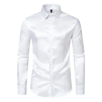 Long Sleeve Costume Faux Satin Shirt Mens Bright Club Shirt Performance Clubwear • £23.87