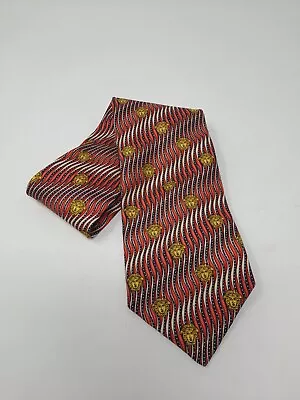 Vintage Gianni Versace Tie Neck Red Black Silk Italy Medusa Logo Yellow 90’s • $44.99