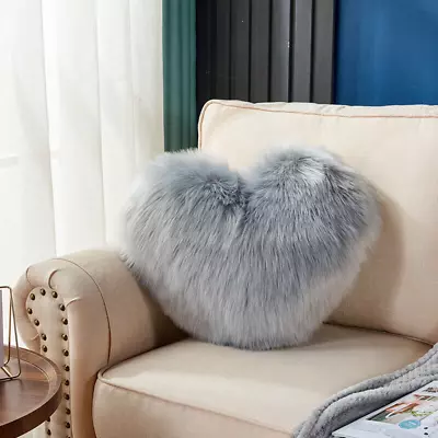 Heart Shape Fluffy Plush Throw Pillow Case Furry Cushion Cover Sofa Home Decor • £16.07