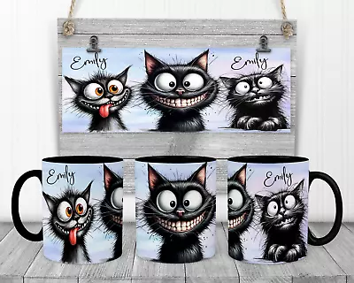 Black Cat Funny Faces Tea Coffee Mug Personalised Funny Gift Birthday • £8.29