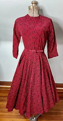 Vintage 50s Red & Black Long Sleeve Corduroy Full Skirt Dress With Belt S • $29.99