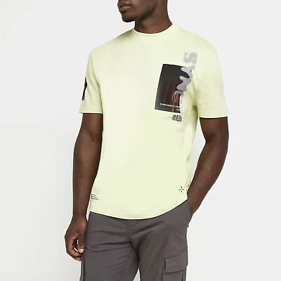£9 • Buy River Island Mens T-Shirt Graphic Yellow Short Sleeve Regular Fit Tee Top