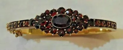 Vintage 14K Yellow Gold Finish 9Ct Simulated Red Garnet Bohemian Bangle Bracelet • $174.25