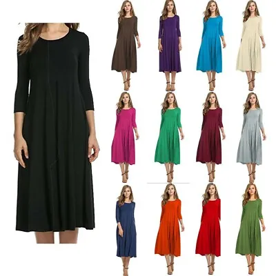 Womens Ladies Plain Jersey Swing Dress Casual Long Sleeve Midi Dresses Skater • £10.79