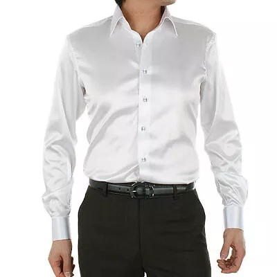 2023 Men's Luxury Satin Dress Shirt Slim Silk Long Sleeve Casual Shirt • £58.55