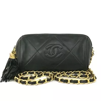 CHANEL Quilted Matelasse CC Logo Lambskin Fringe Chain Shoulder Bag Black/9Y0932 • $720
