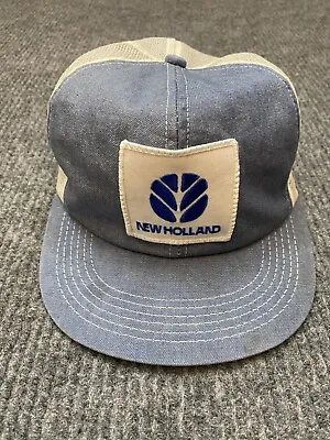 Vintage New Holland Trucker Hat Patch Snap Back Denim Mesh Tractor K-Products • $59.27