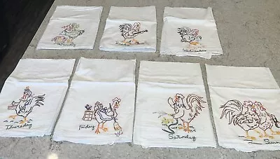 Vtg Rooster Tea Towels Days Of The Week Chicken Farmhouse Handmade Embroidered • $59.98