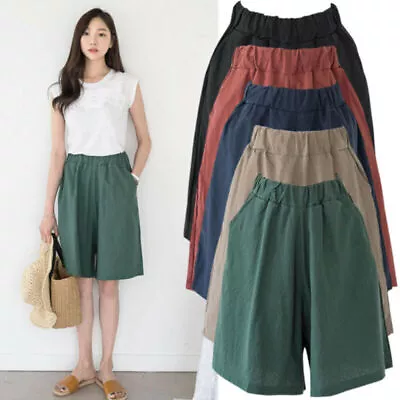 Ladies Summer Baggy Shorts Elastic Waist Style Loose Cropped Wide Leg Pants UK • £9.79