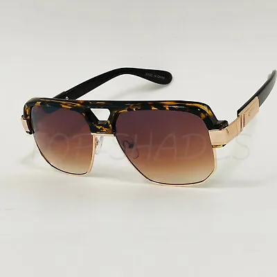 Men's Sunglasses Gold Metal Frame Square Vintage Retro Hip Hop Rap Black Brown • $12.98