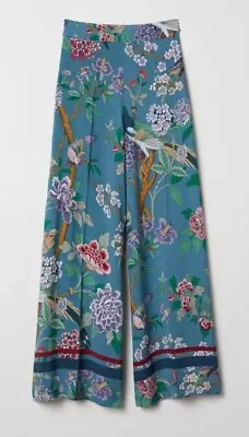 H&M GP & J Baker Boho Blue Floral & Bird Print Wide Leg Trousers - Size 8 -EUR34 • £30