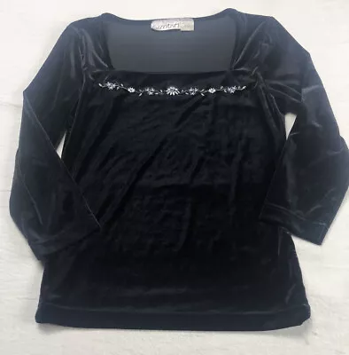 Currants Women Top Black Blouse Shirt Flowers Blue Embroidered Size Medium • £9.63